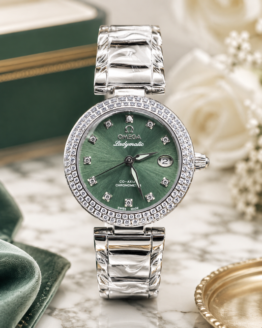 OMEGA LADYMATIC AUTOMÁTICO VERDE CON BISEL ENGASTADO