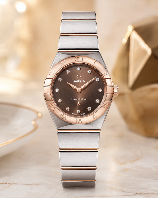 OMEGA CONSTELLATION DAMA BICOLOR ORO ROSA ESFERA CAFÉ