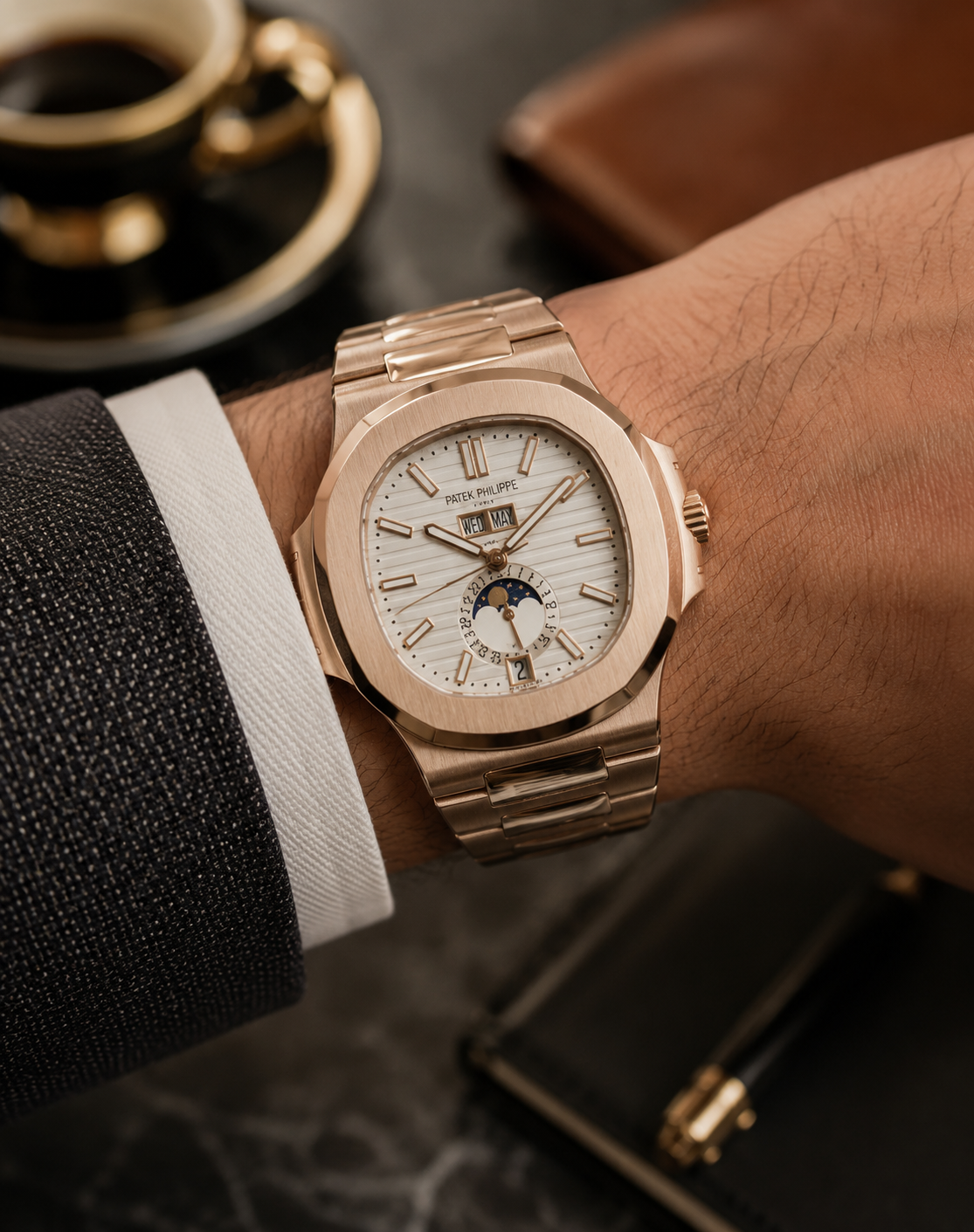 PATEK PHILIPPE NAUTILUS CALENDARIO ANUAL FASE LUNAR ORO ROSA ESFERA BLANCA