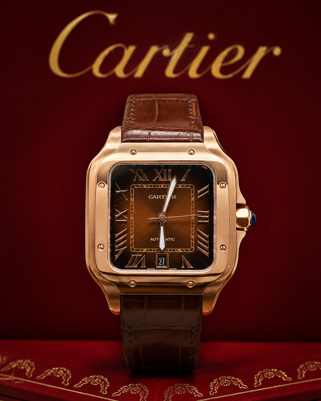 SANTOS DE CARTIER ORO ROSA CUERO CAFÉ – 40 MM
