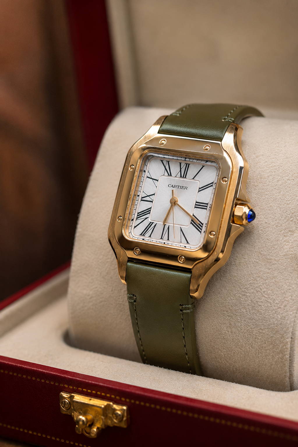 CARTIER SANTOS ORO ROSA CUERO VERDE – 40 MM