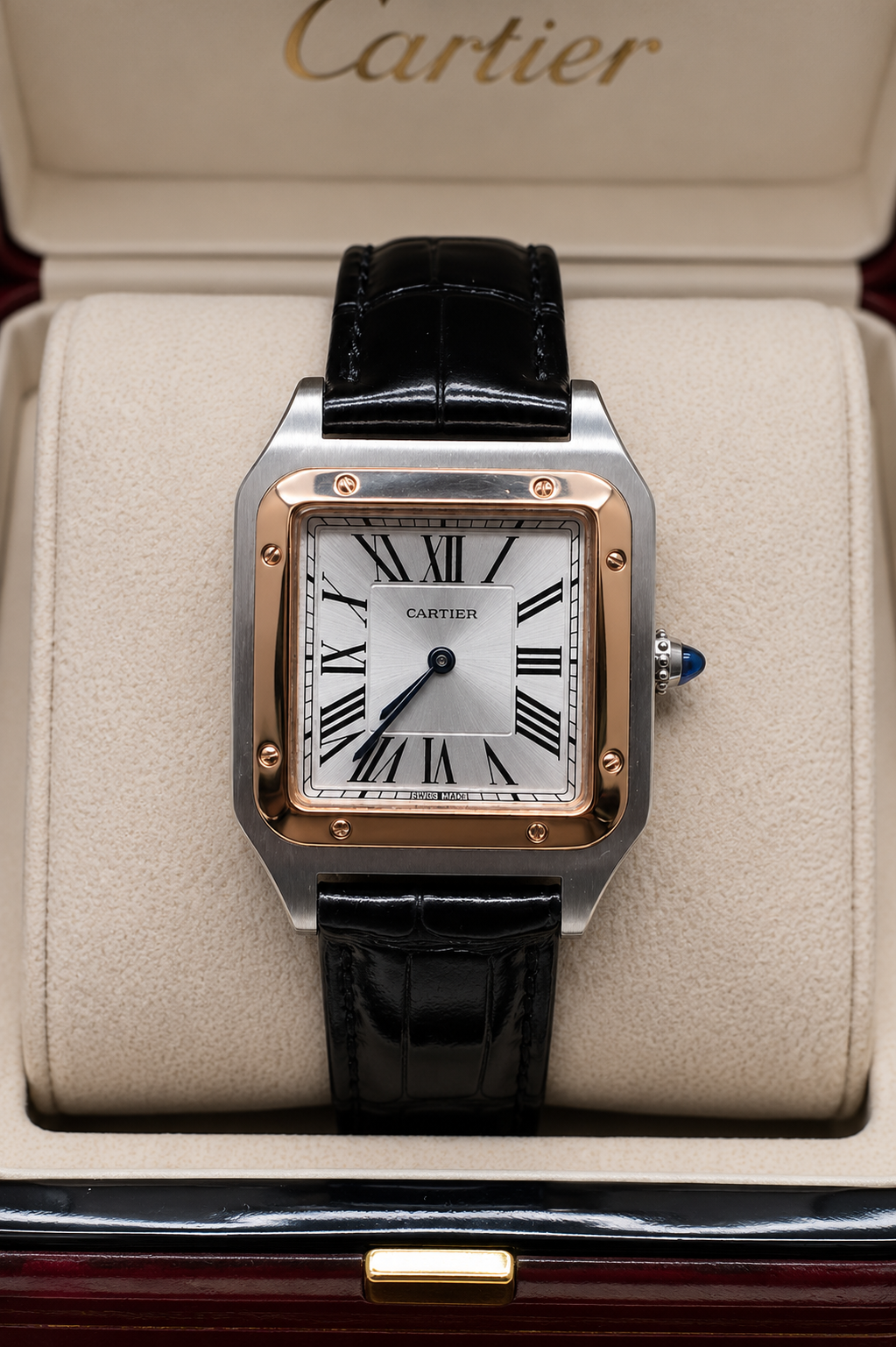 CARTIER SANTOS-DUMONT LARGE – ACABADO BICOLOR | ESFERA PLATEADA Y CORREA DE CUERO