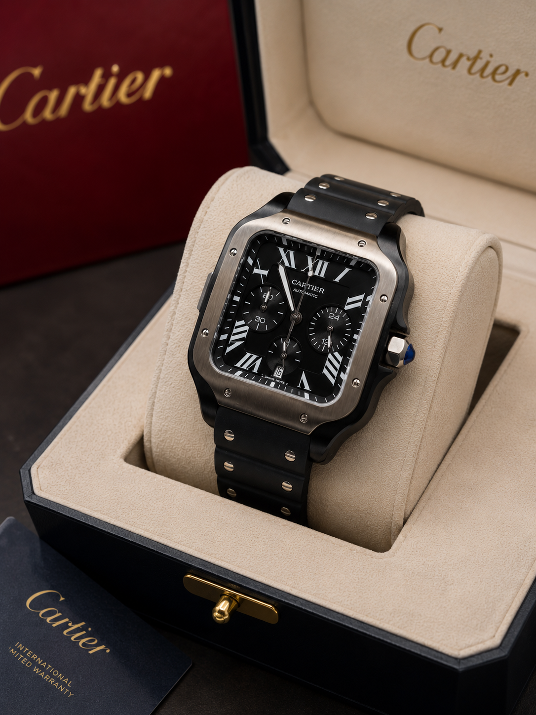 CARTIER SANTOS CHRONOGRAPH AUTOMÁTICO 42 MM – ALL BLACK | CORREA DE CAUCHO