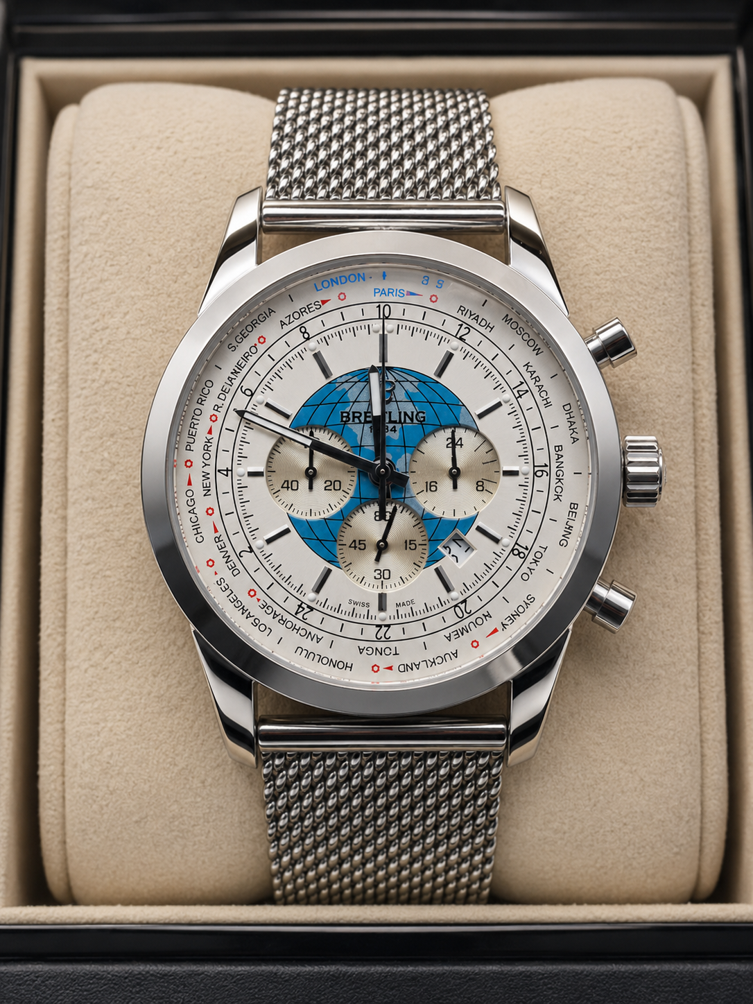 BREITLING TRANSOCEAN CHRONOGRAPH UNITIME 46 MM – MALLA MILANESA EN ACERO