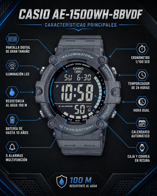 RELOJ CASIO DIGITAL PARA HOMBRE AE-1500WH-8BVDF GRIS OSCURO