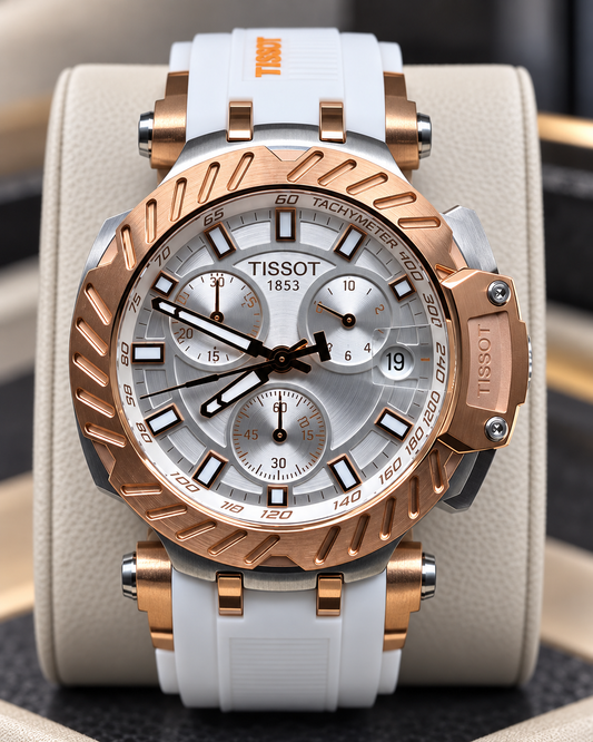 TISSOT T-RACE CRONÓGRAFO – ESFERA PLATEADA, ACABADO ROSE GOLD Y CORREA BLANCA