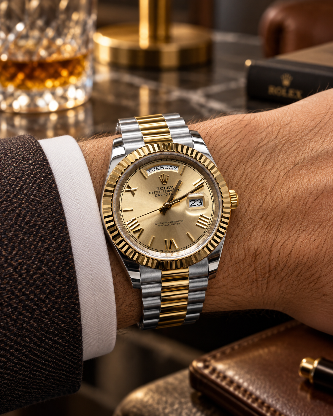 ROLEX DAY-DATE 40 MM – ESFERA DORADA, BISEL ESTRIADO Y BRAZALETE BICOLOR