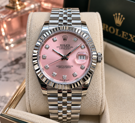 ROLEX DATEJUST 36 MM – ESFERA ROSA CON ÍNDICES TIPO DIAMANTE, BISEL ESTRIADO Y JUBILEE