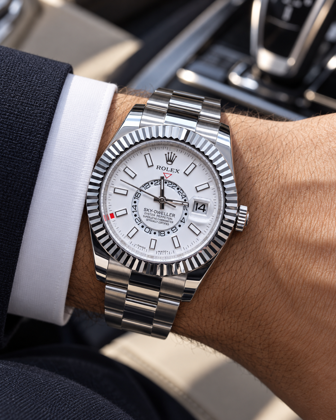 ROLEX SKY-DWELLER – ESFERA BLANCA, BISEL ESTRIADO Y BRAZALETE OYSTER