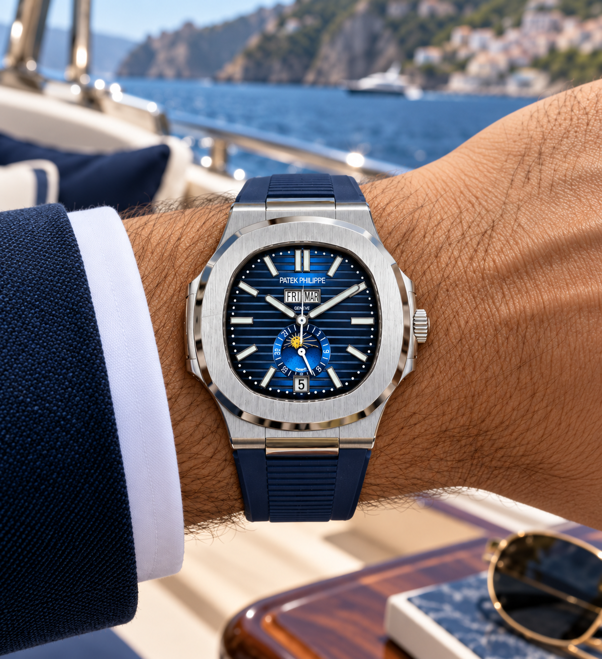 PATEK PHILIPPE NAUTILUS – ESFERA AZUL, FASE LUNAR Y CORREA DE CAUCHO AZUL