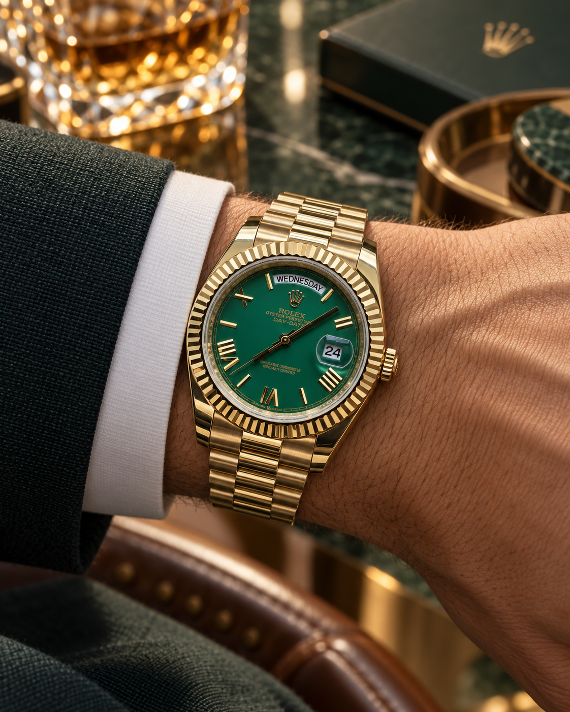 ROLEX DAY-DATE 40 MM – ESFERA VERDE, BISEL ESTRIADO Y ACABADO DORADO