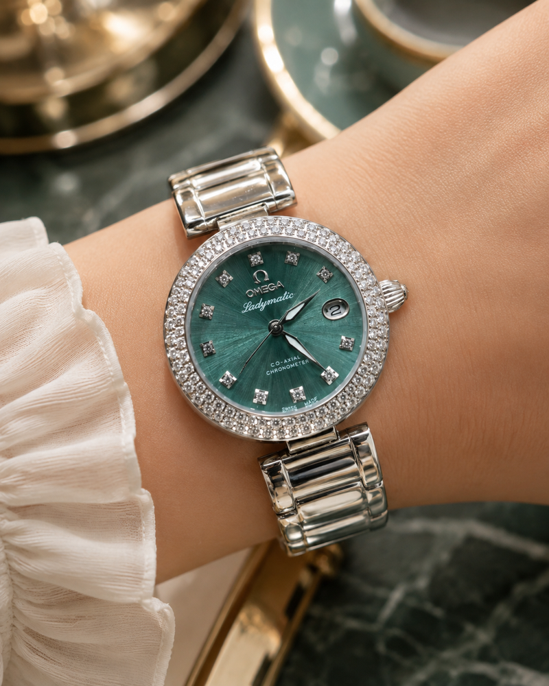 OMEGA LADYMATIC AUTOMÁTICO VERDE CON BISEL ENGASTADO