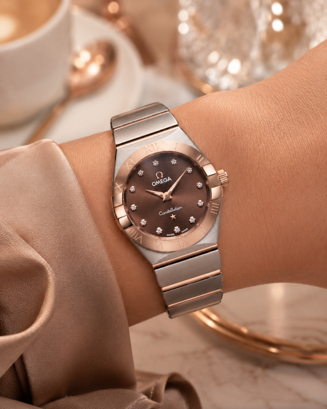 OMEGA CONSTELLATION DAMA BICOLOR ORO ROSA ESFERA CAFÉ