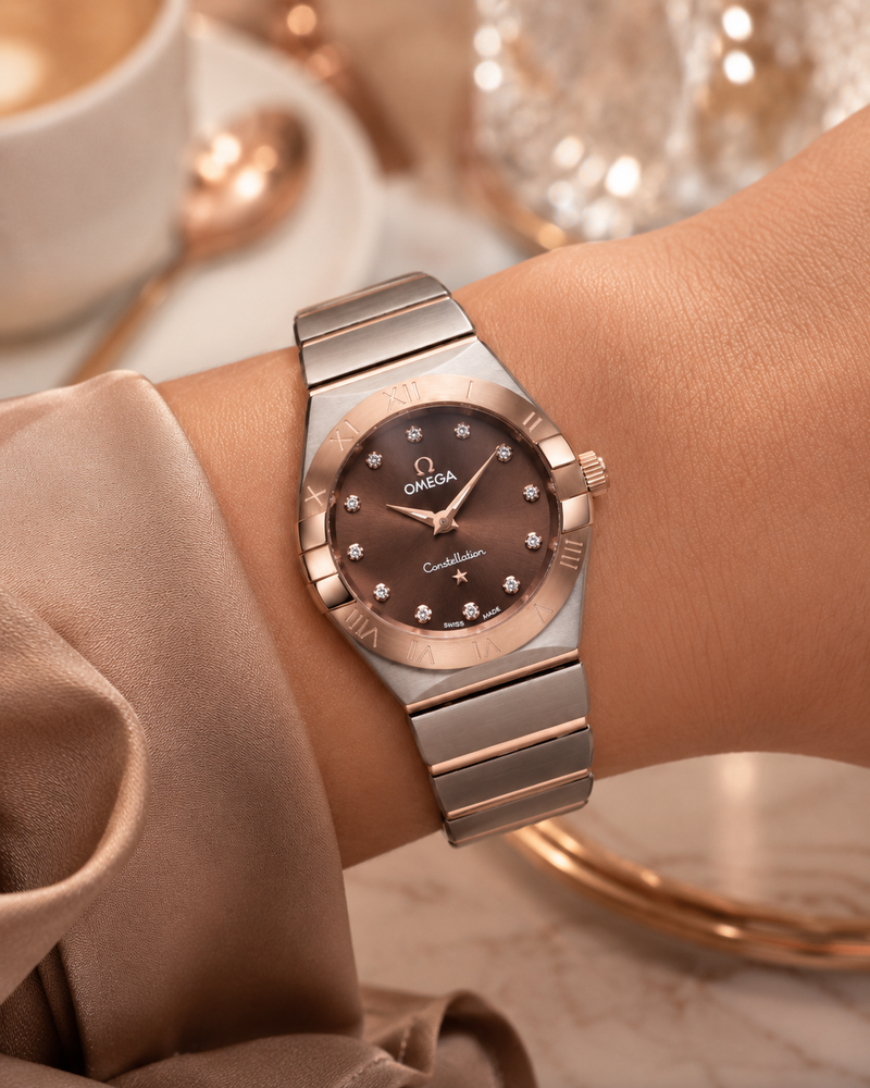 OMEGA CONSTELLATION DAMA BICOLOR ORO ROSA ESFERA CAFÉ