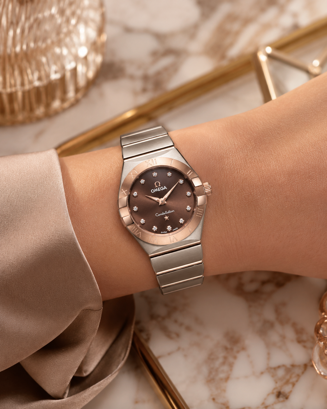 OMEGA CONSTELLATION DAMA BICOLOR ORO ROSA ESFERA CAFÉ