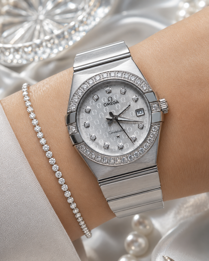 OMEGA CONSTELLATION DAMA PLATEADO CON BISEL ENGASTADO