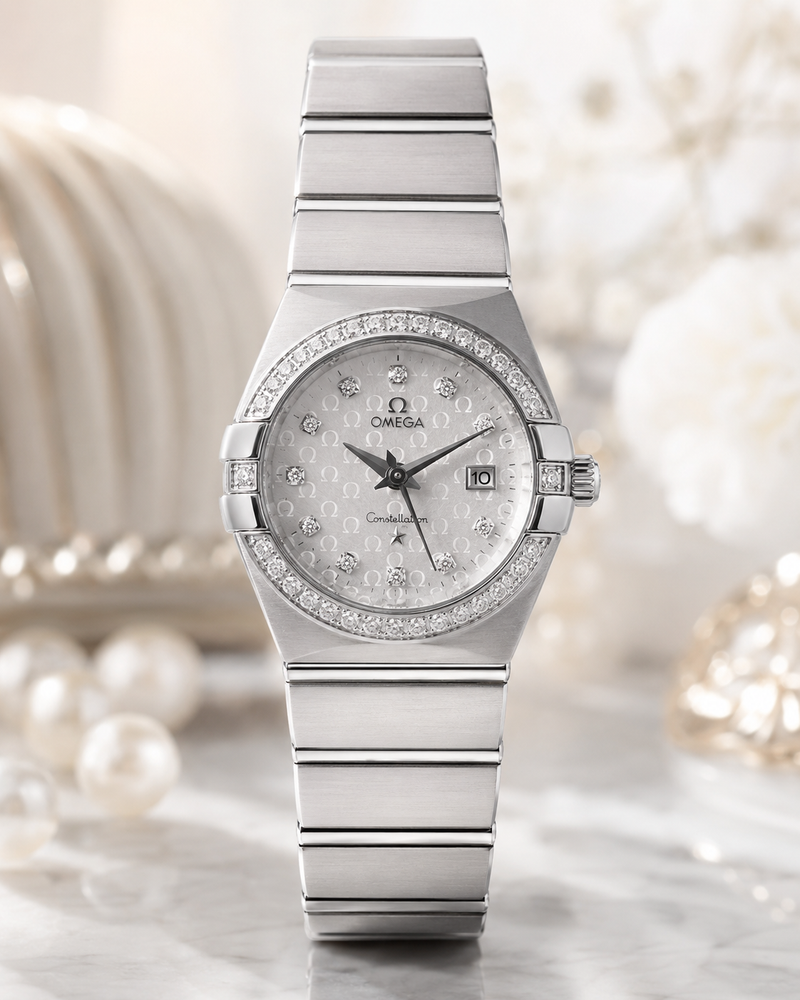 OMEGA CONSTELLATION DAMA PLATEADO CON BISEL ENGASTADO