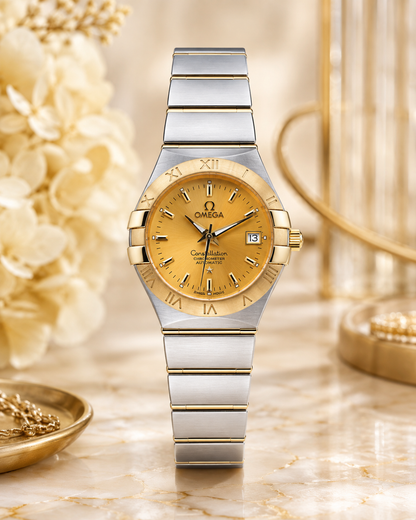 OMEGA CONSTELLATION DAMA BICOLOR DORADO CON CALENDARIO