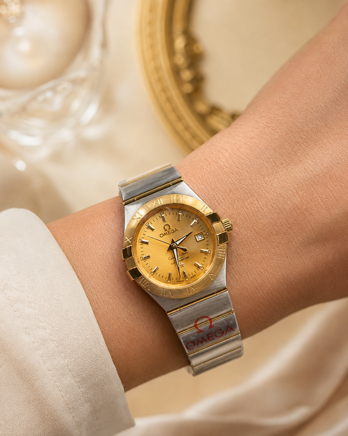 OMEGA CONSTELLATION DAMA BICOLOR DORADO CON CALENDARIO