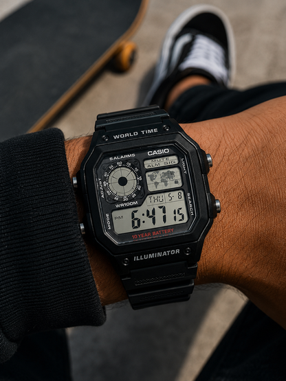 CASIO DIGITAL PARA HOMBRE AE-1200WH-1AVDF WORLD TIME NEGRO