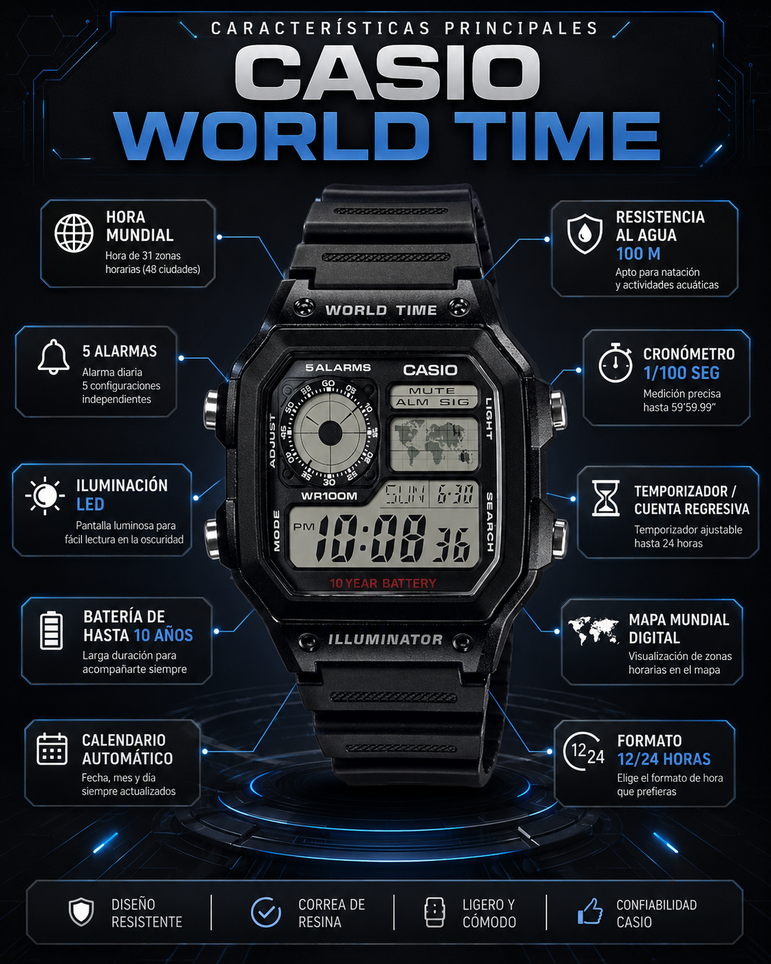 CASIO DIGITAL PARA HOMBRE AE-1200WH-1AVDF WORLD TIME NEGRO