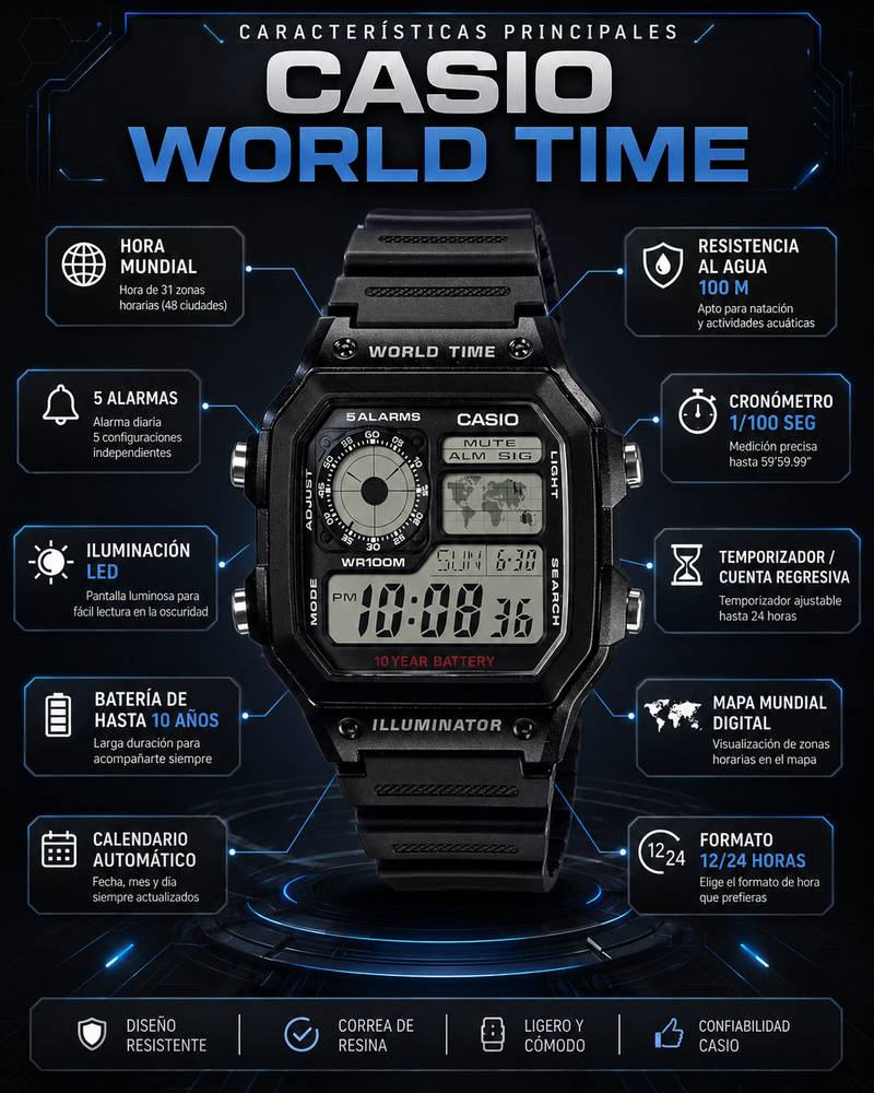 CASIO DIGITAL PARA HOMBRE AE-1200WH-1AVDF WORLD TIME NEGRO