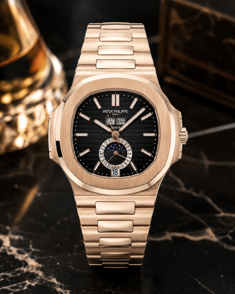 PATEK PHILIPPE NAUTILUS CALENDARIO ANUAL FASE LUNAR ORO ROSA