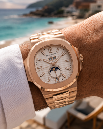 PATEK PHILIPPE NAUTILUS CALENDARIO ANUAL FASE LUNAR ORO ROSA ESFERA BLANCA