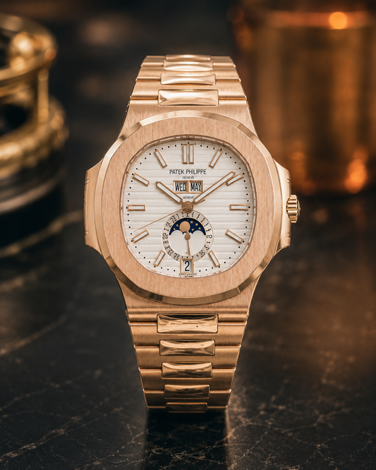 PATEK PHILIPPE NAUTILUS CALENDARIO ANUAL FASE LUNAR ORO ROSA ESFERA BLANCA
