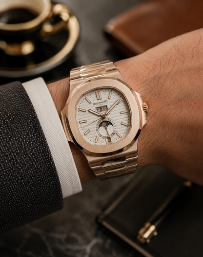PATEK PHILIPPE NAUTILUS CALENDARIO ANUAL FASE LUNAR ORO ROSA ESFERA BLANCA