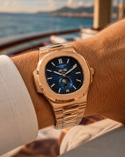 PATEK PHILIPPE NAUTILUS CALENDARIO ANUAL FASE LUNAR ORO ROSA AZUL