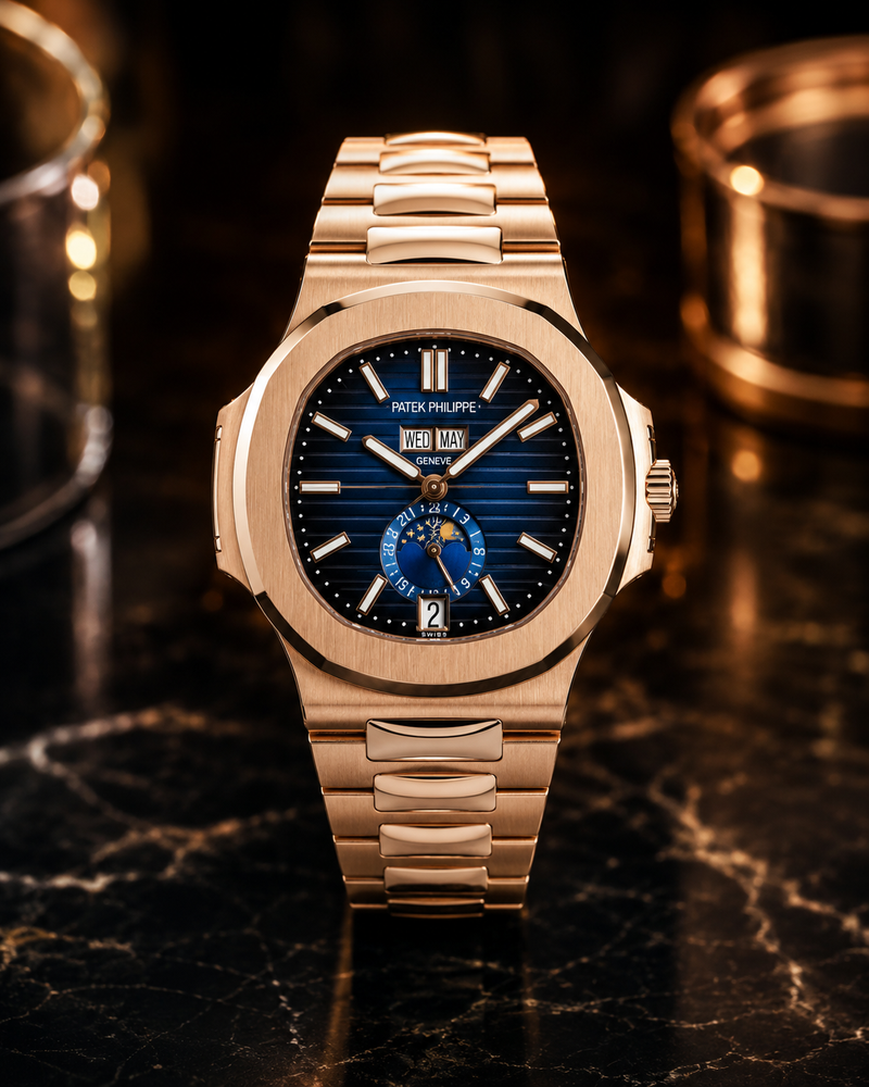 PATEK PHILIPPE NAUTILUS CALENDARIO ANUAL FASE LUNAR ORO ROSA AZUL