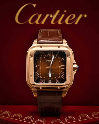 SANTOS DE CARTIER ORO ROSA CUERO CAFÉ – 40 MM