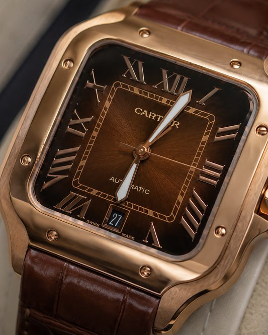 SANTOS DE CARTIER ORO ROSA CUERO CAFÉ – 40 MM