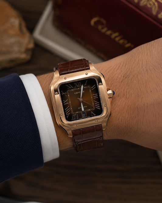 SANTOS DE CARTIER ORO ROSA CUERO CAFÉ – 40 MM