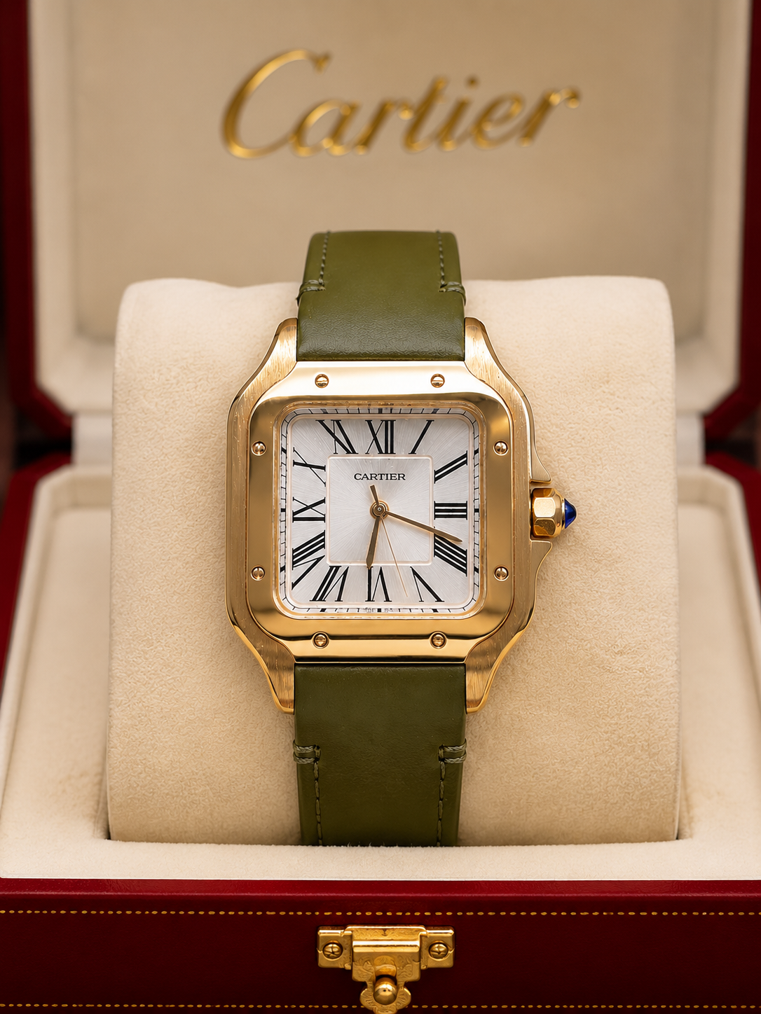 CARTIER SANTOS ORO ROSA CUERO VERDE – 40 MM