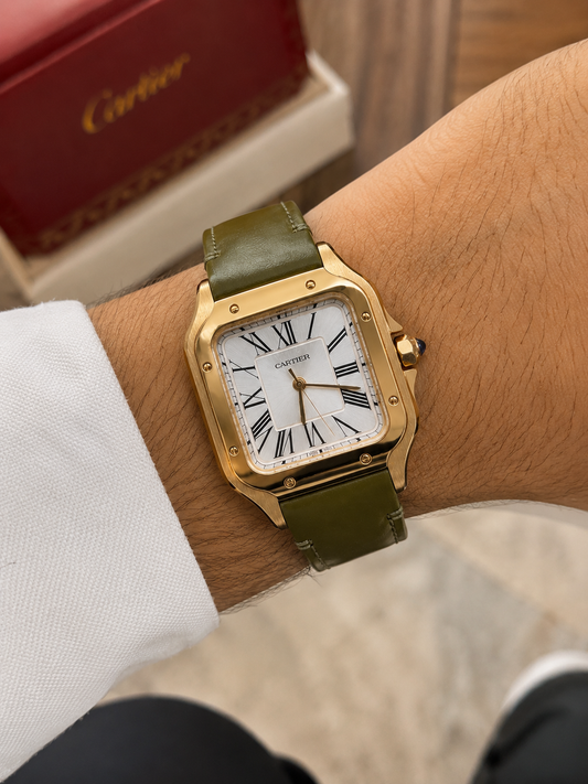 CARTIER SANTOS ORO ROSA CUERO VERDE – 40 MM