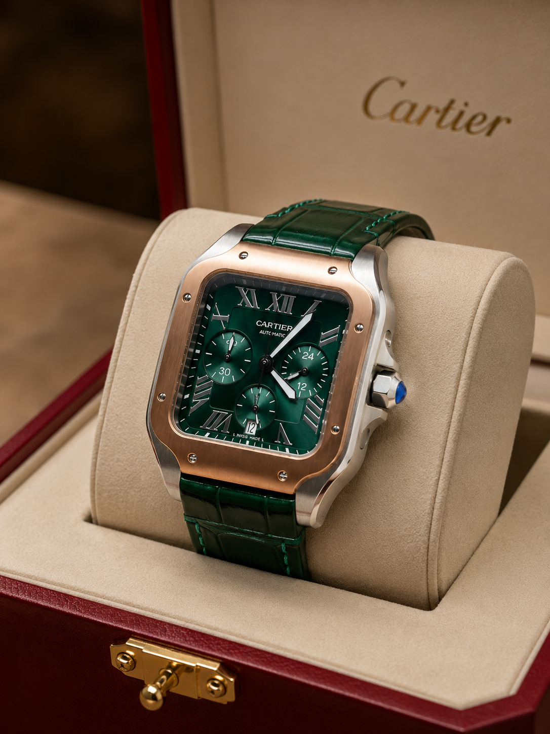 CARTIER SANTOS CHRONOGRAPH ORO ROSA CUERO VERDE – 40 MM