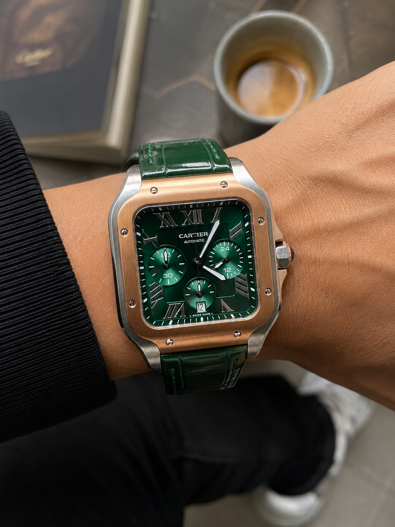 CARTIER SANTOS CHRONOGRAPH ORO ROSA CUERO VERDE – 40 MM