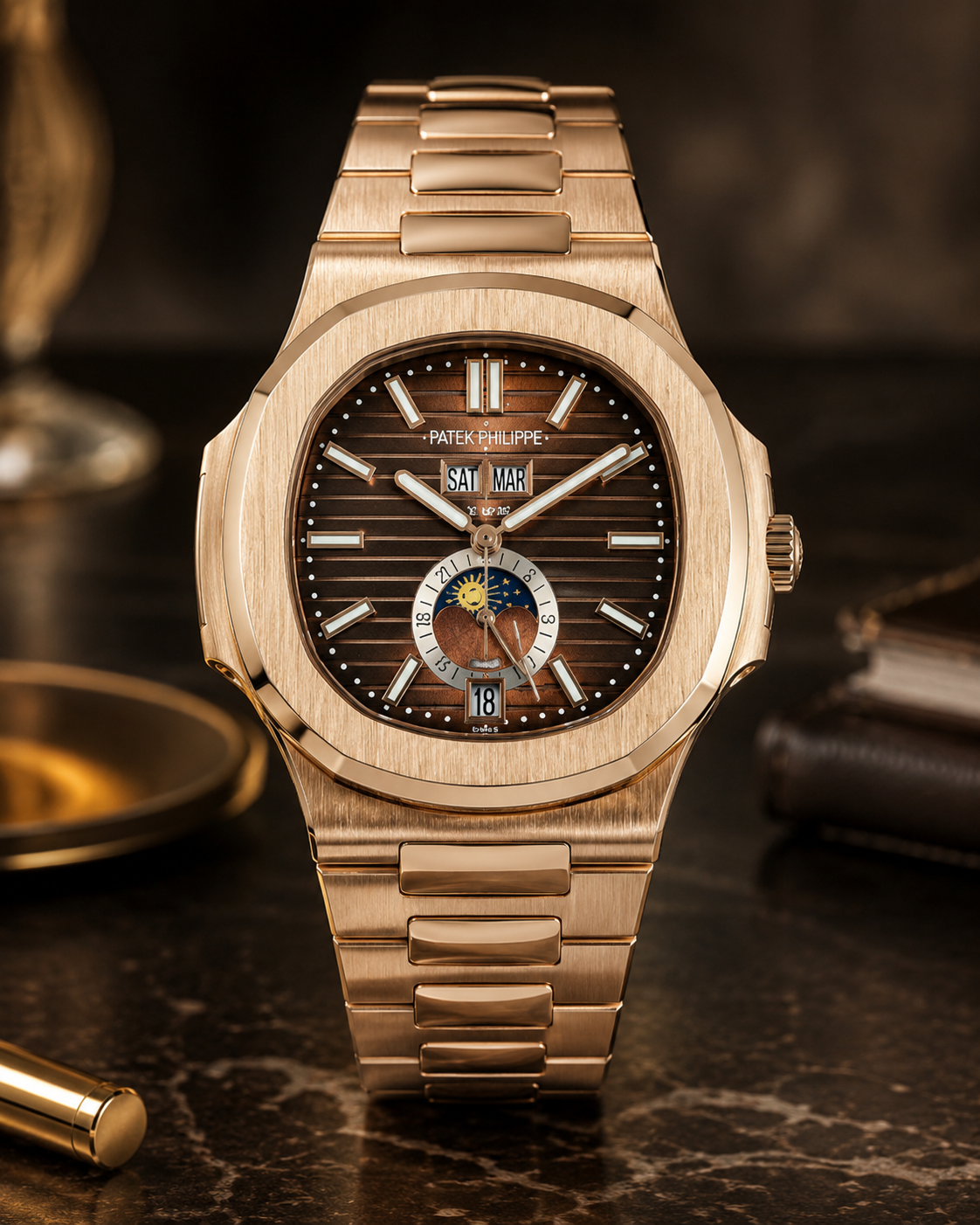 PATEK PHILIPPE NAUTILUS CALENDARIO ANUAL FASE LUNAR ORO ROSA CHOCOLATE