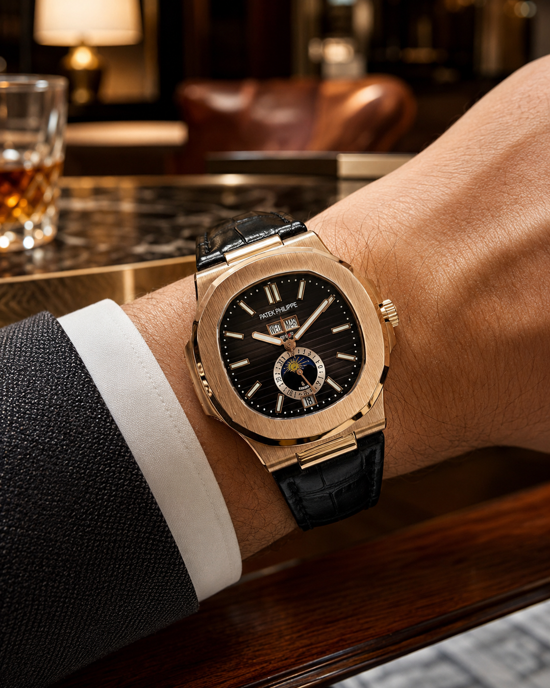 PATEK PHILIPPE NAUTILUS CALENDARIO ANUAL FASE LUNAR ORO ROSA NEGRO