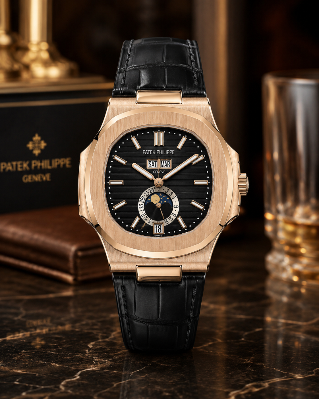 PATEK PHILIPPE NAUTILUS CALENDARIO ANUAL FASE LUNAR ORO ROSA NEGRO