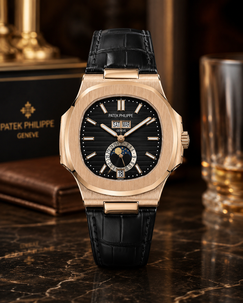 PATEK PHILIPPE NAUTILUS CALENDARIO ANUAL FASE LUNAR ORO ROSA NEGRO