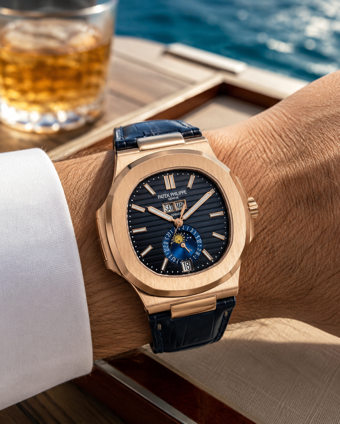 PATEK PHILIPPE NAUTILUS CALENDARIO ANUAL FASE LUNAR ORO ROSA AZUL