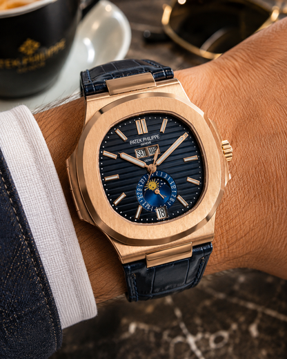 PATEK PHILIPPE NAUTILUS CALENDARIO ANUAL FASE LUNAR ORO ROSA AZUL