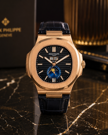 PATEK PHILIPPE NAUTILUS CALENDARIO ANUAL FASE LUNAR ORO ROSA AZUL