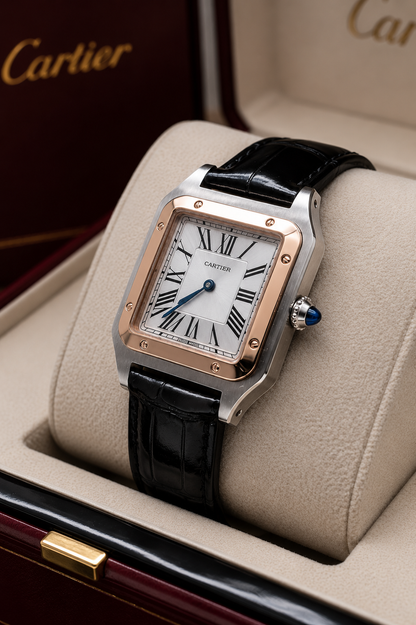 CARTIER SANTOS-DUMONT LARGE – ACABADO BICOLOR | ESFERA PLATEADA Y CORREA DE CUERO