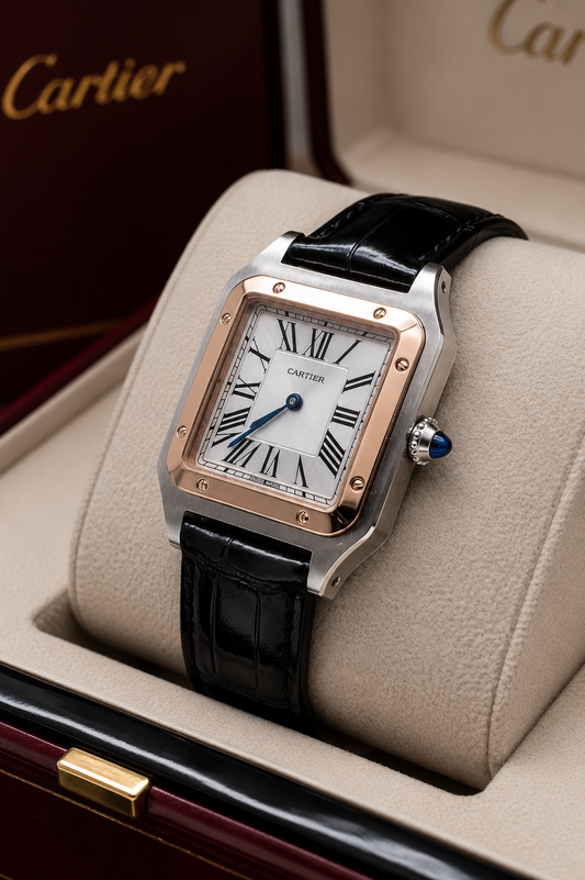 CARTIER SANTOS-DUMONT LARGE – ACABADO BICOLOR | ESFERA PLATEADA Y CORREA DE CUERO