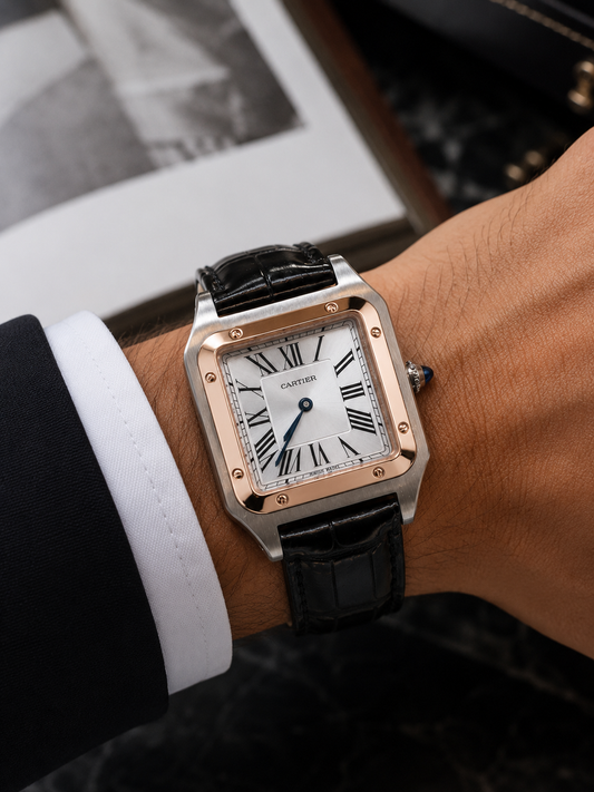 CARTIER SANTOS-DUMONT LARGE – ACABADO BICOLOR | ESFERA PLATEADA Y CORREA DE CUERO
