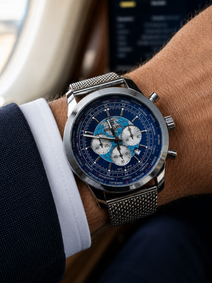 BREITLING TRANSOCEAN CHRONOGRAPH UNITIME 46 MM – MALLA MILANESA EN ACERO
